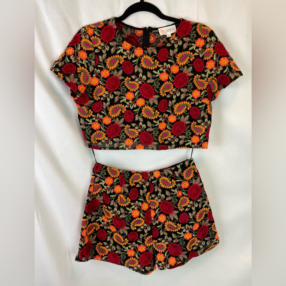 Embroidered Crop Top and Shorts Set